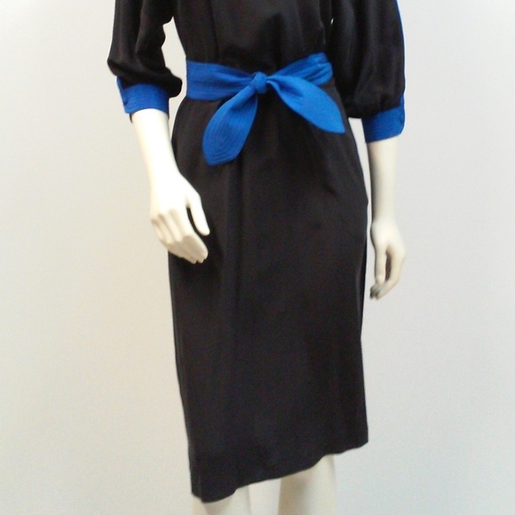 80s Black 100% Silk Dress Asian Inspired Secretary Party Cocktail Dress - Picture 2 of 10